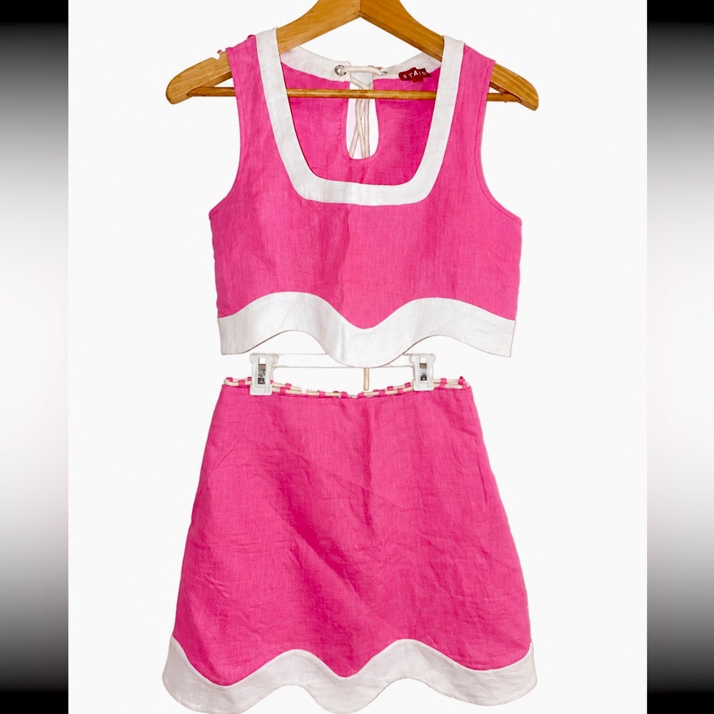 STAUD Linen Arianna Skirt 2 Livia Top XS Set pink white scalloped - Picture 8 of 16